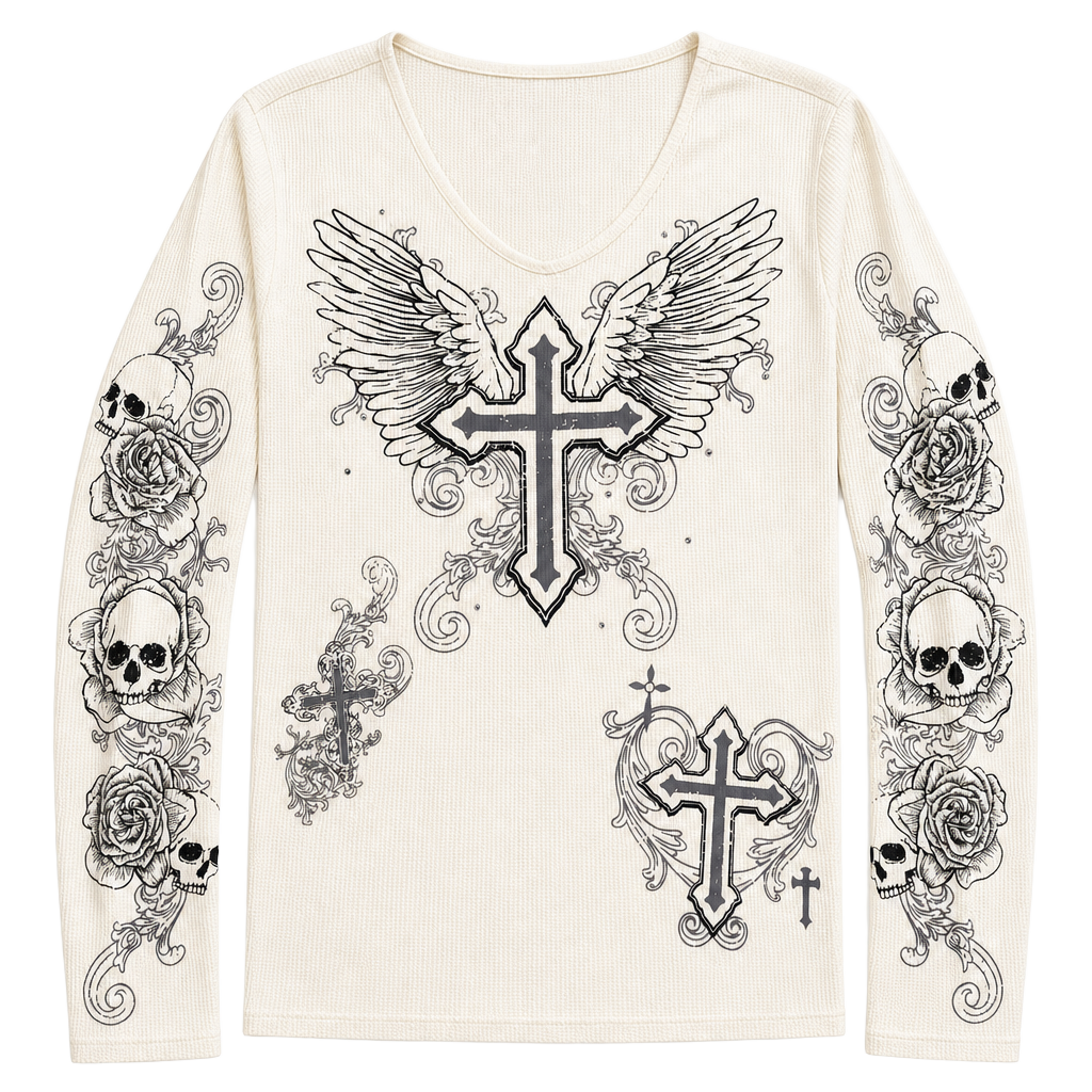 Vintage Social Collision Skull Rose Cross Long Sleeve Shirt XL Y2K Gothic 1
