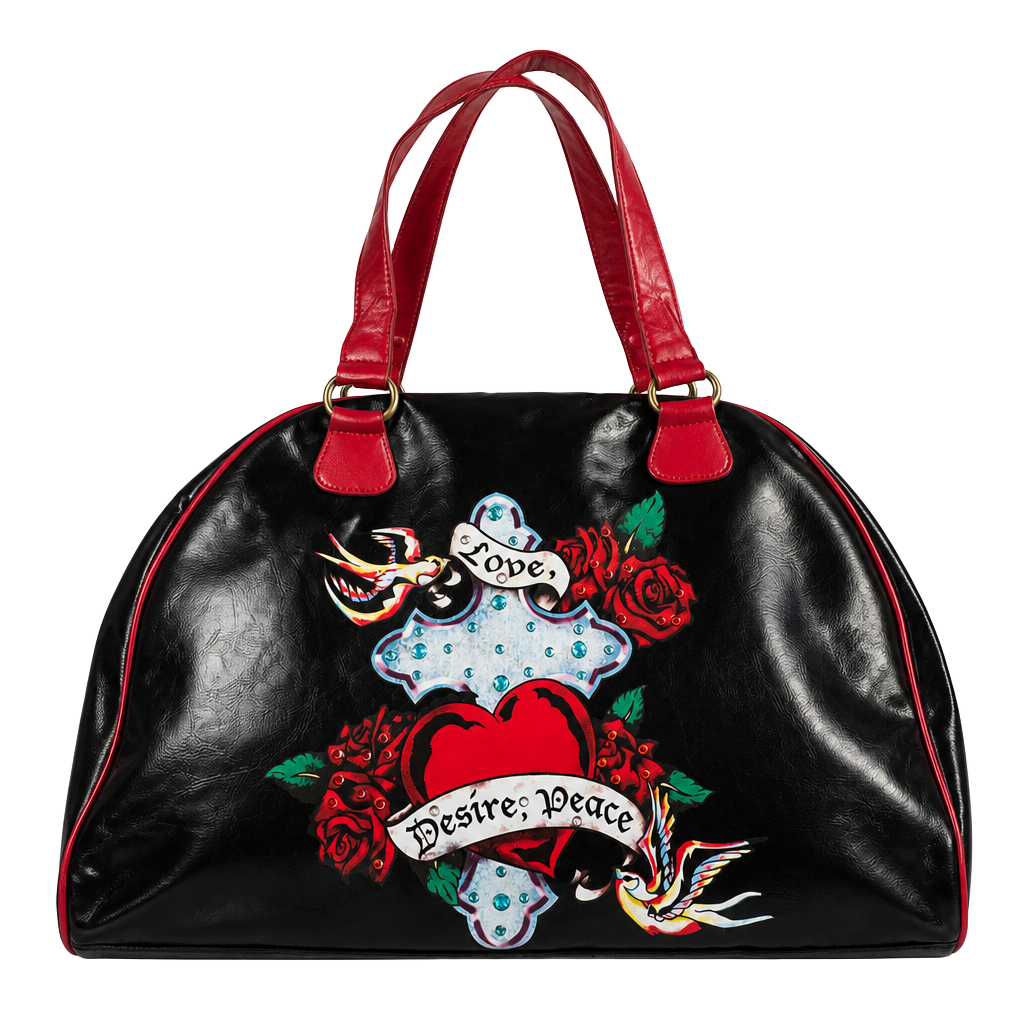 Vintage Black Red Tattoo Rose Cross Graphic Large Shoulder Tote Bag Y2K 1