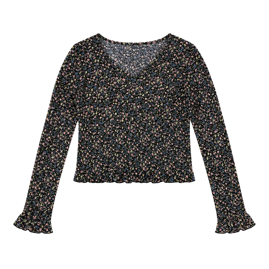 Paper Crane Floral Long Sleeve Smocked Hem V-Neck Top 1