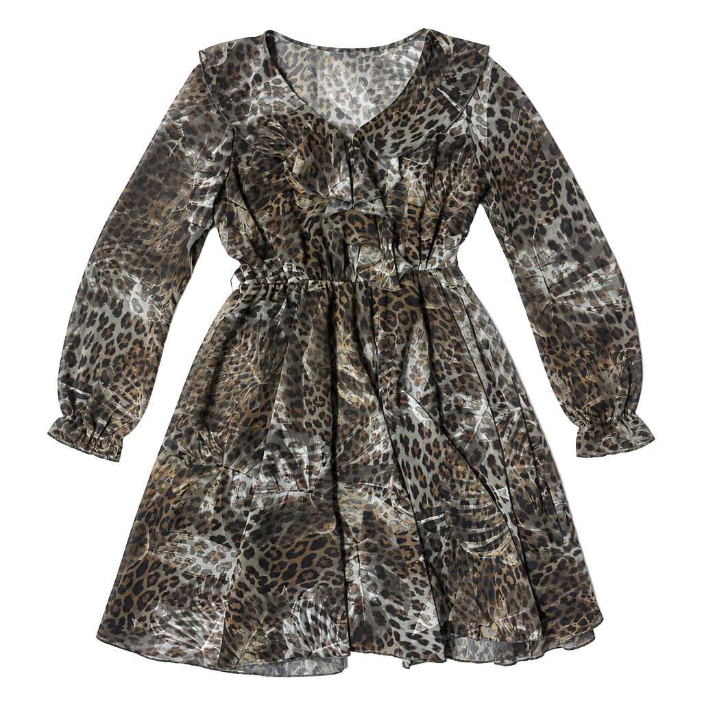 GUESS Women's Leopard Print Chiffon V-Neck Long Sleeve Tiered Ruffle Dress 1