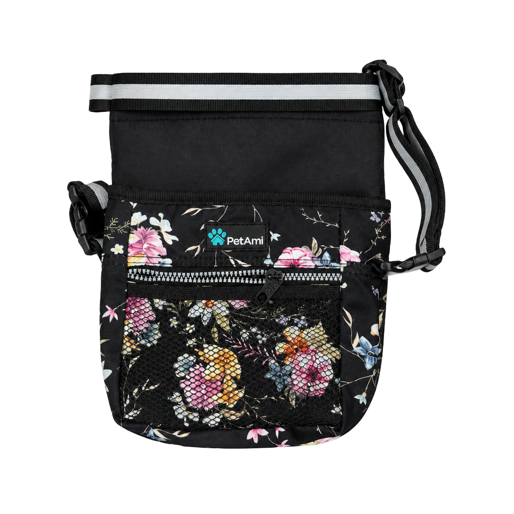 PetAmi Dog Treat Training Pouch Walking Bag with Poop Bag Dispenser Floral Black 1