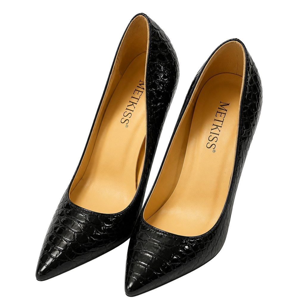 Wetkiss Black Faux Snakeskin Pointed Toe Block High Heel Pumps AN157 Sz 37 1