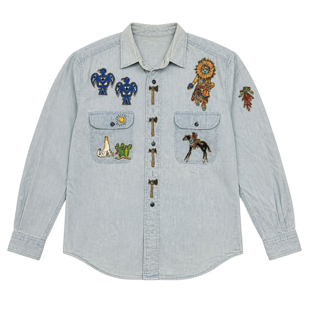 Vintage El's Creations Beaded Southwestern Denim Shirt Size S 1