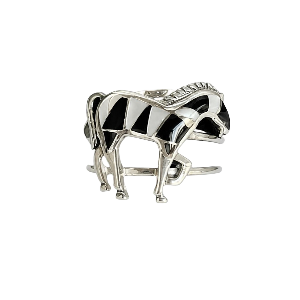 Vintage Sterling Silver Onyx & Howlite Inlay Horse Ring | Southwestern Ring 7.5 1
