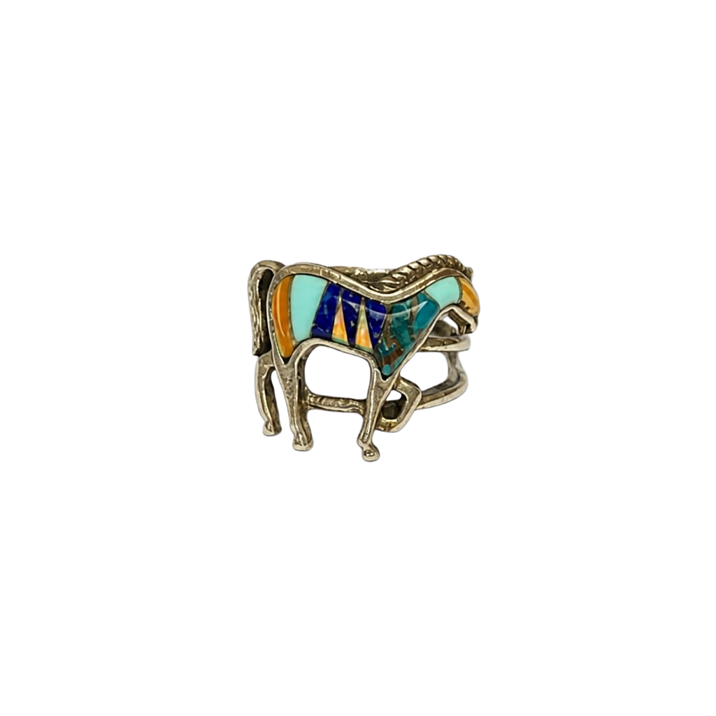 Vintage Southwestern Sterling Silver Multigem Inlay Horse Ring 5.5 1