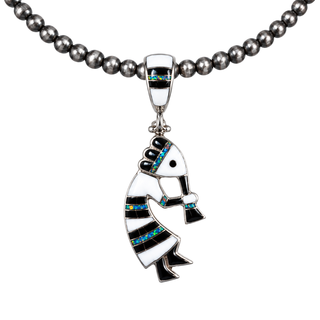 Southwestern Reversible Kokopelli Sterling Silver Genuine Stone Inlay Pendant 1