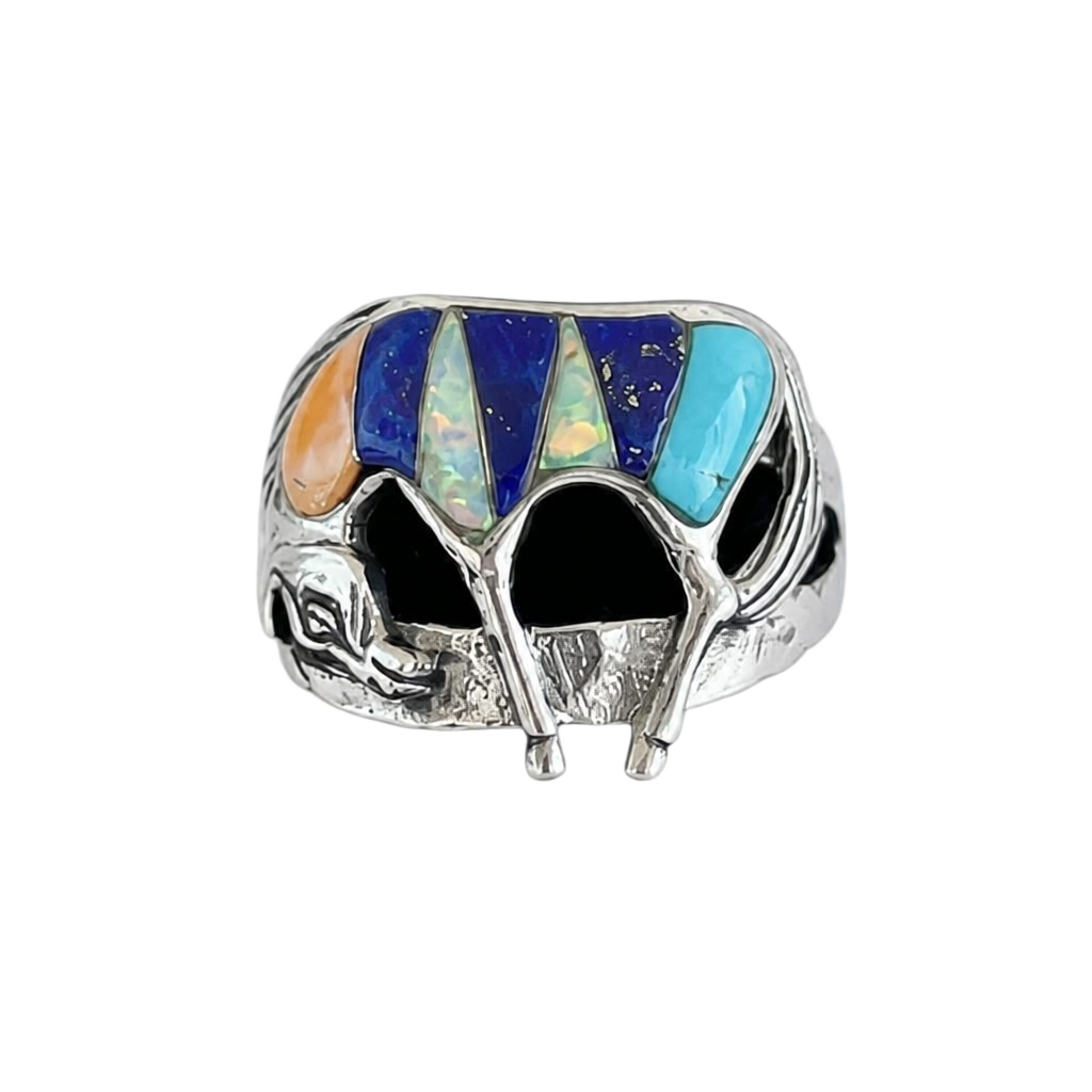 Vintage Southwestern Sterling Silver Multistone Inlay Horse Ring Size 8.5 1