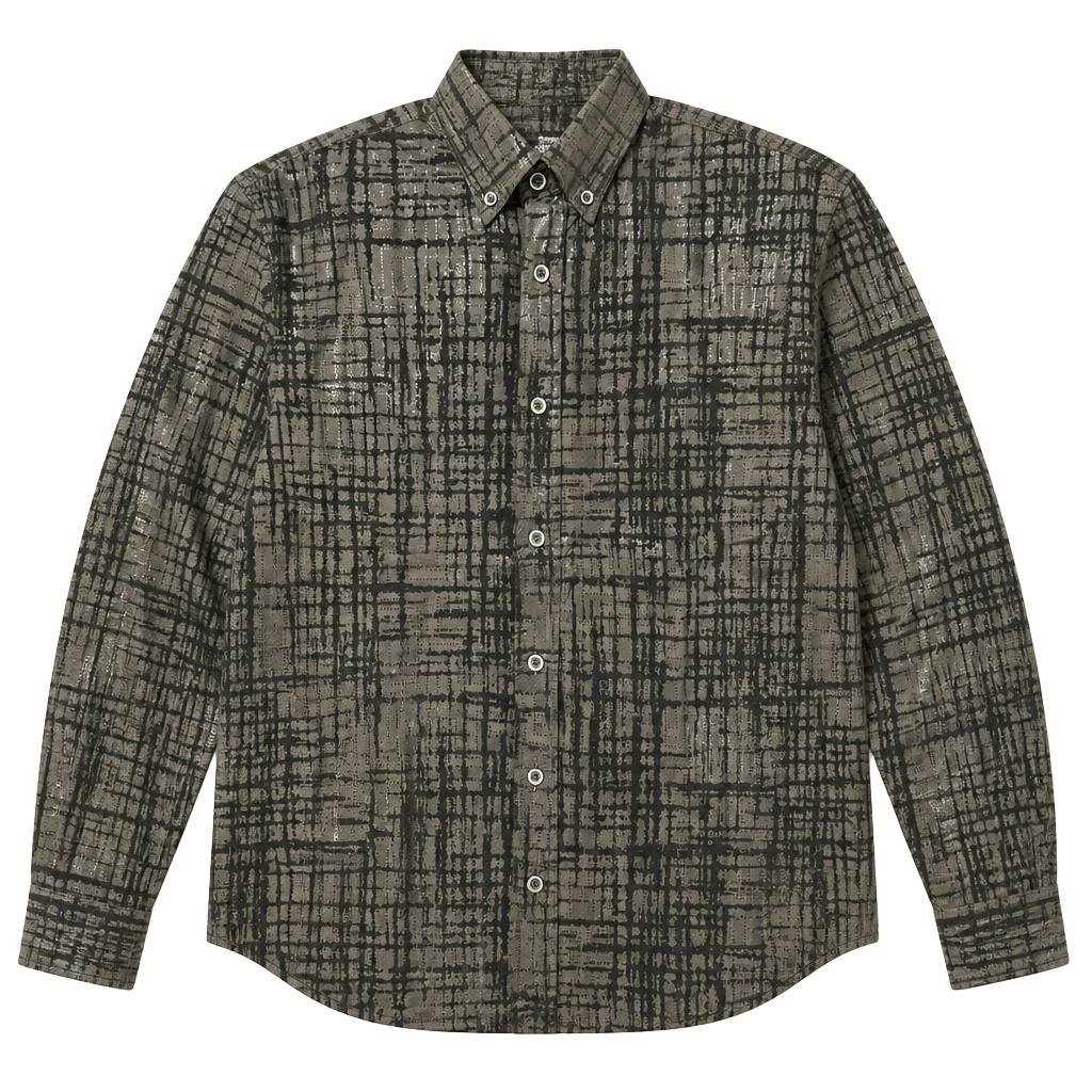 Fried Denim Black metallic pattern button up long sleeve shirt. 1