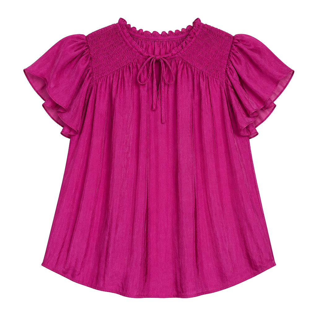 Maison d'Amélie Paris Magenta Pink Smocked Flutter Sleeve Tie Neck Blouse 1
