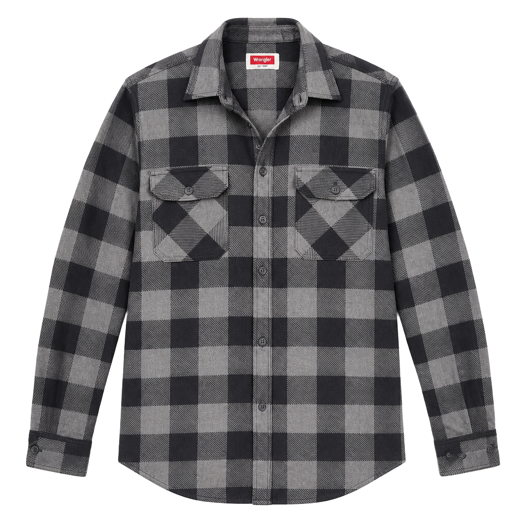 Wrangler Fleece Shirt Size L Gray Black Plaid Buffalo Check Long Sleeve 1