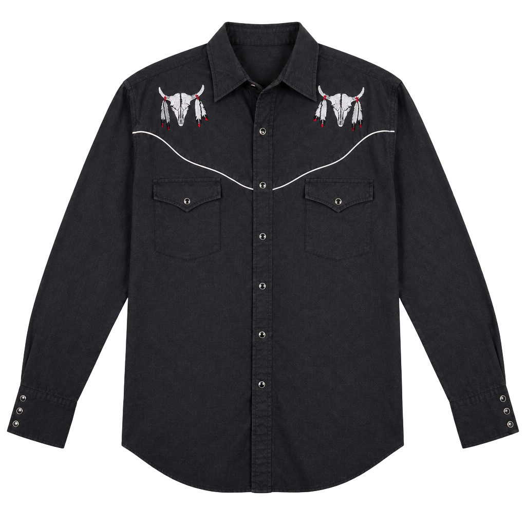 Men's Long Sleeve Western Snap Shirt with Cow Skull Embr, 1