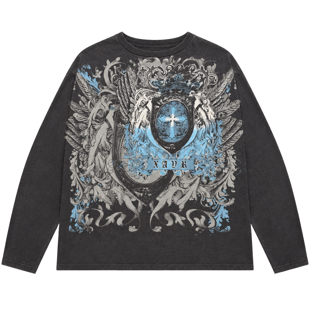 Black Long Sleeve Graphic T-Shirt Size 2X Shield Cross Y2K Grunge 1