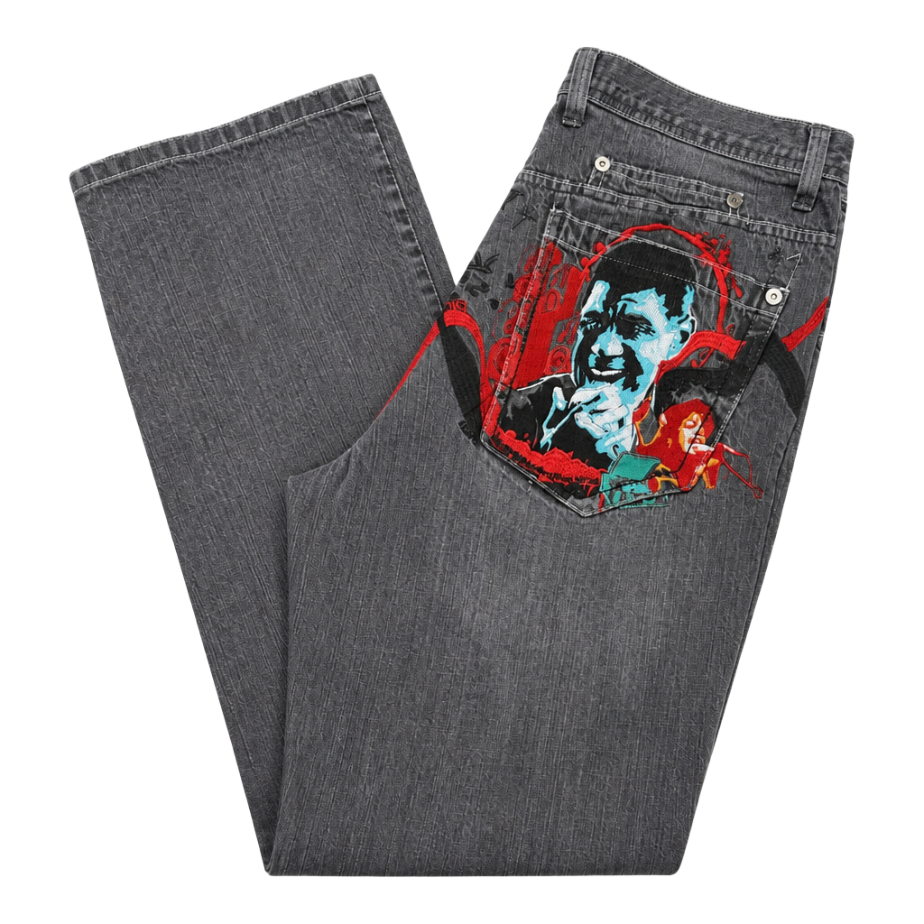 Akademiks Jeans Size 36 Gray Graphic Embroidered Baggy Denim 1