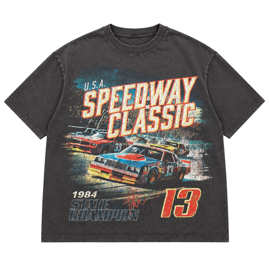 No Boundaries Speedway Classic Graphic Tee Size L Brown Racing Car 1984 1