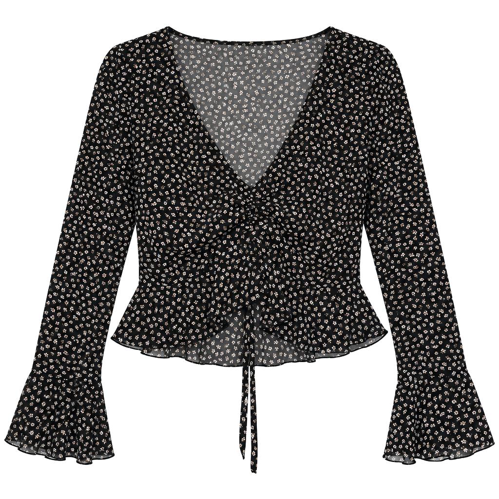 Divided H&M Floral Blouse Size M Black White V-Neck Tie Front Peplum 1
