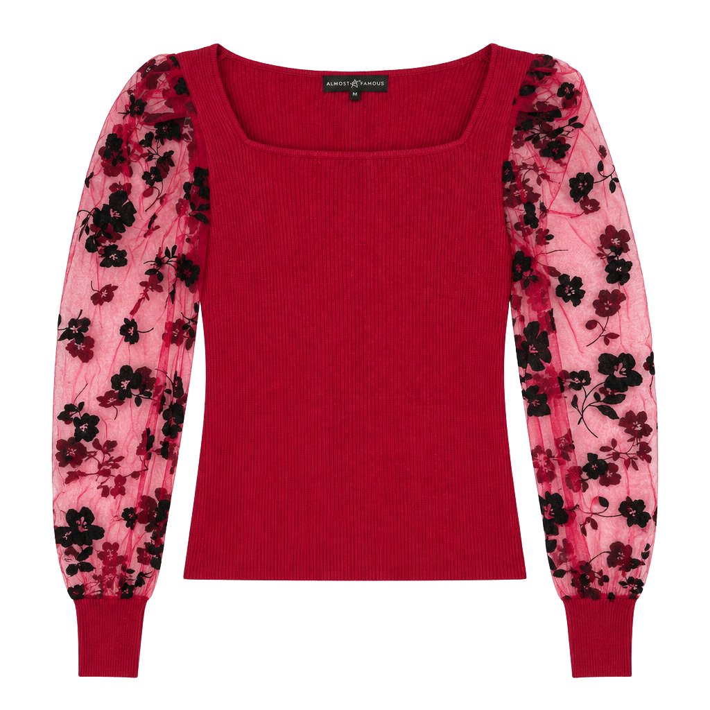 Almost Famous Sweater Size M Red Ribbed Knit Sheer Floral Mesh Sleeves 1