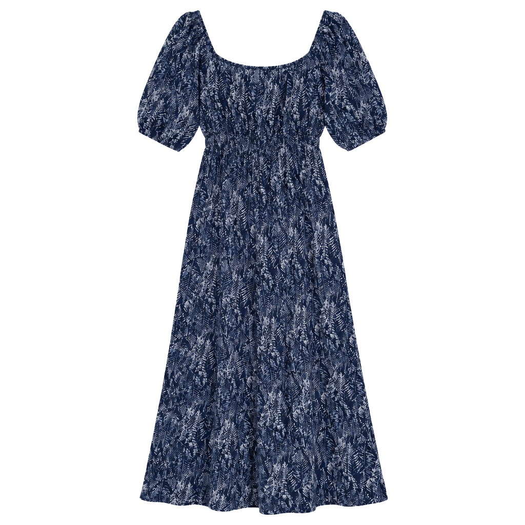 Lush Jumpsuit Blue White Fern Print Short Sleeve Smocked Pockets 1