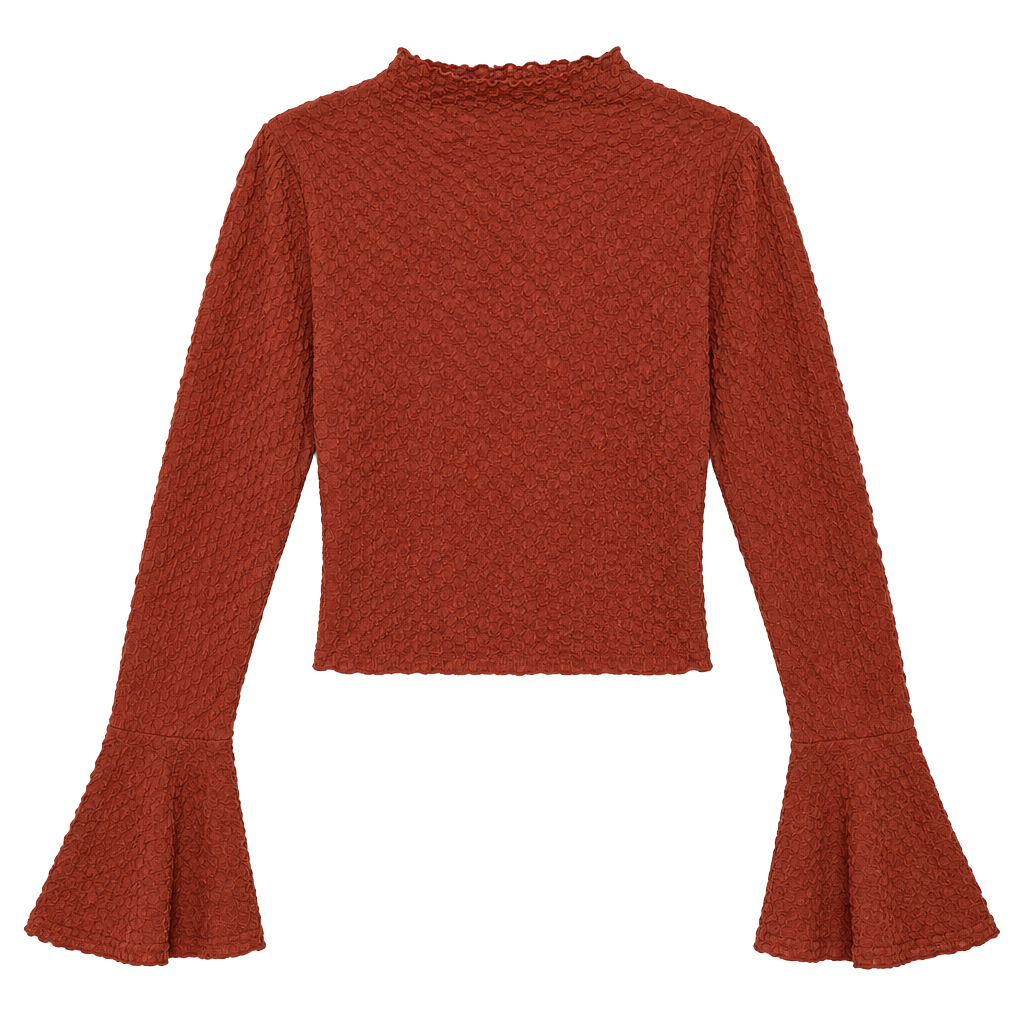 Textured Long Sleeve Crop Top Rust Brown Bell Sleeves Mock Neck 1
