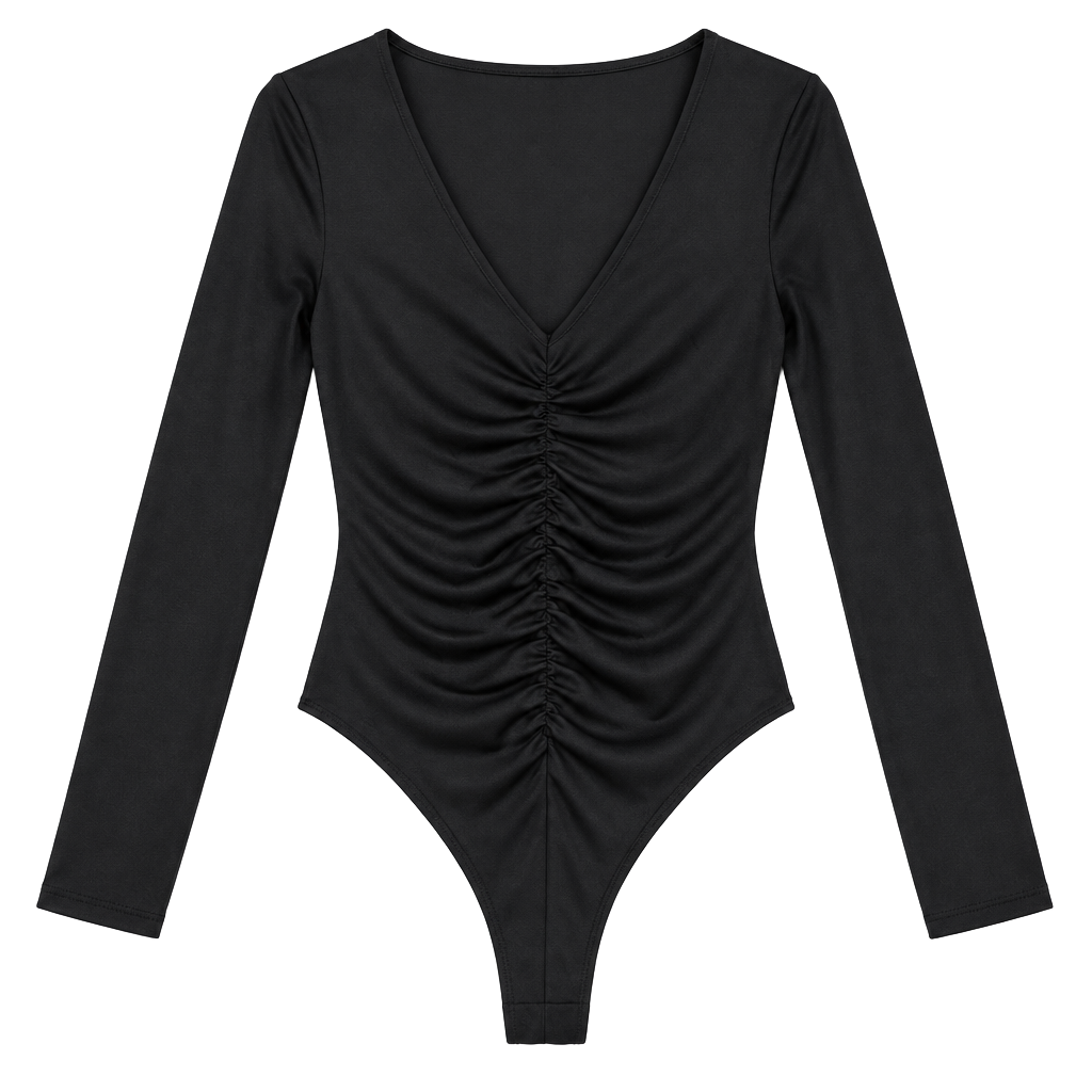 A New Day Ruched Long Sleeve Bodysuit Size Small Black V-Neck 1