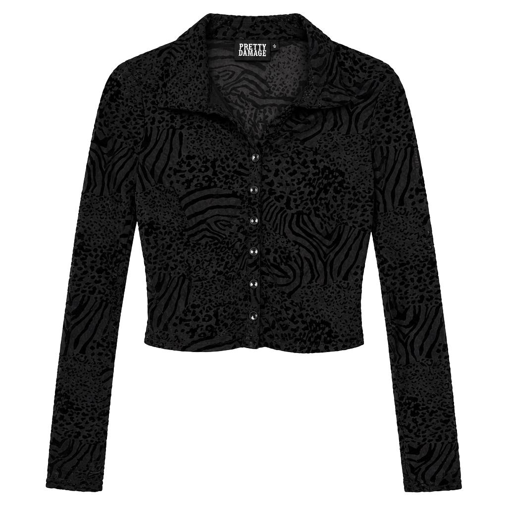 Pretty Damage Button-Up Shirt Size L Black Mesh Animal Print Velvet Top 1