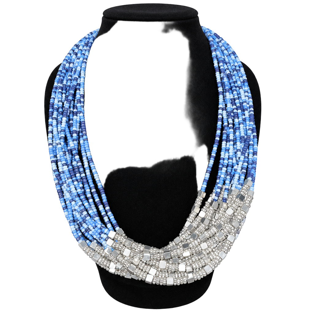 Vintage Multi Strand Blue Seed Bead Silver Tone Necklace 1