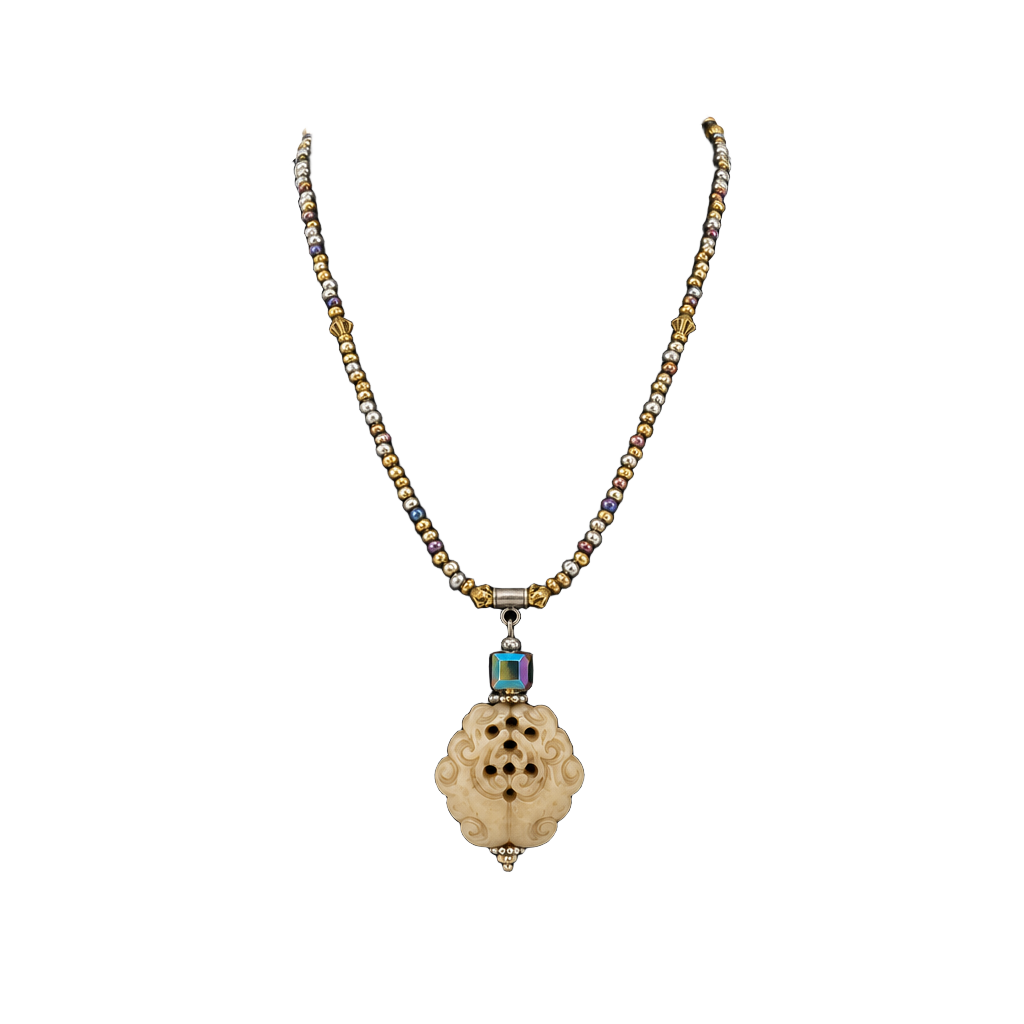 Vintage Handmade Beaded Necklace With Carved Stone Pendant 1