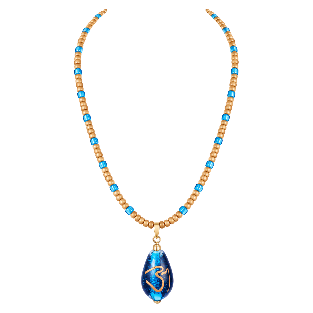 Boho Beaded Necklace Om Symbol Blue Teardrop Pendant 1