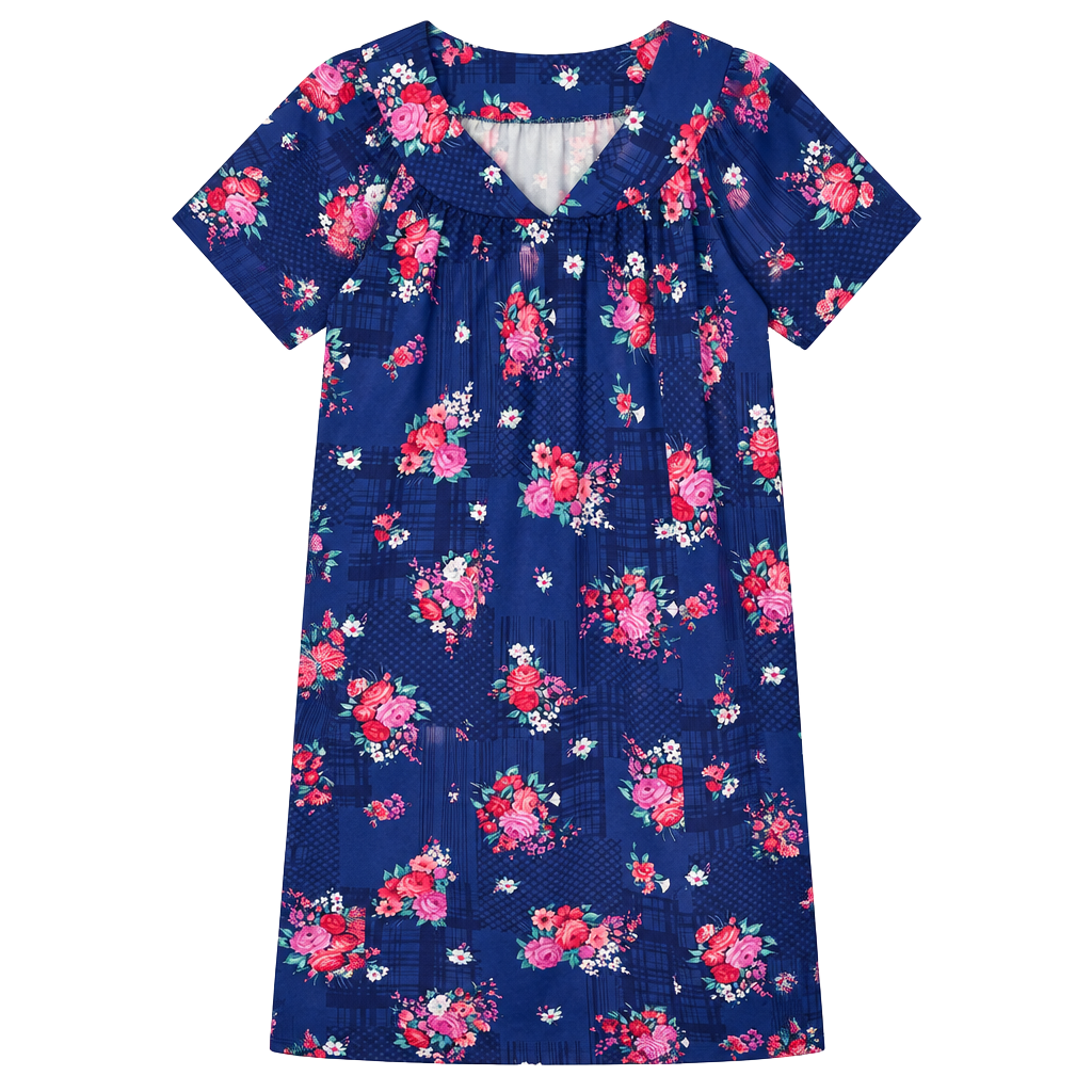 Casual Nights Short Sleeve Muumuu Lounger Dress Navy Floral 1