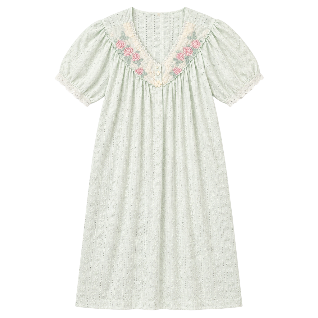 Vintage Seersucker Floral Embroidered Nightgown Light Blue 1
