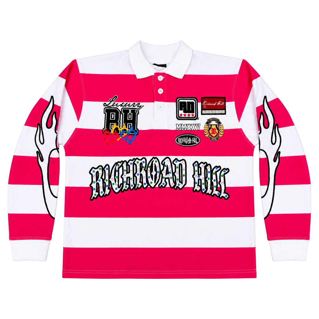Richroad Hill Luxury Striped Rugby Shirt - Crystal Embellished Pink & White 1