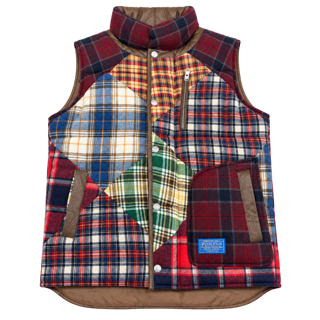 Pendleton-Wool Rare Patchwork Quilted Snap Unisex Vest Wool Zip Multicolor Med 1