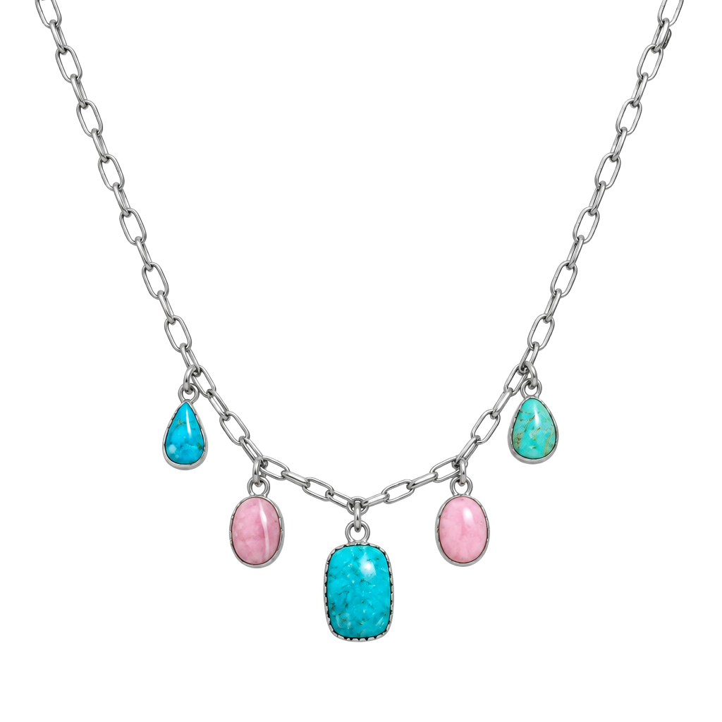 925 Sterling Silver Turquoise and Pink Conch Dangle Charm Necklace with Chain 1