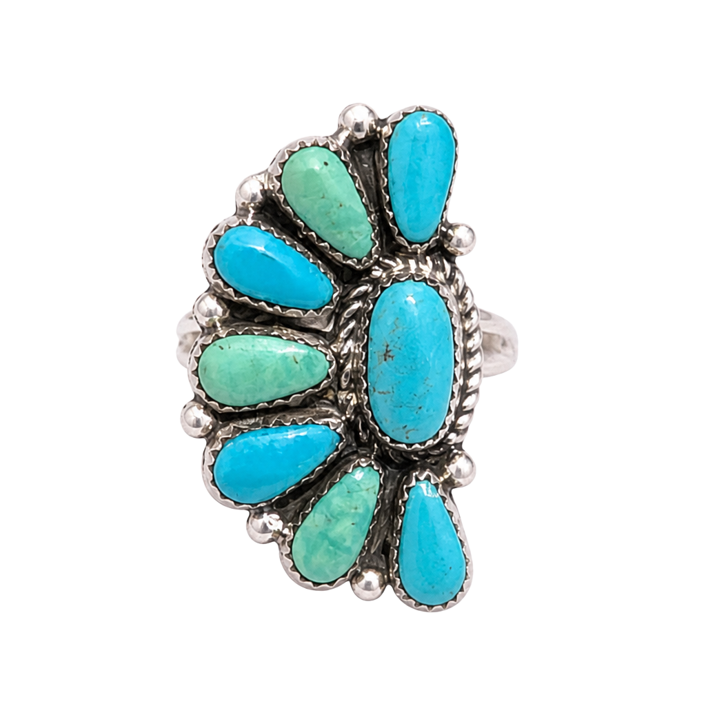 NATIVE Zuni handmade Sterling Silver Turquoise Cluster Adjustable Ring 1