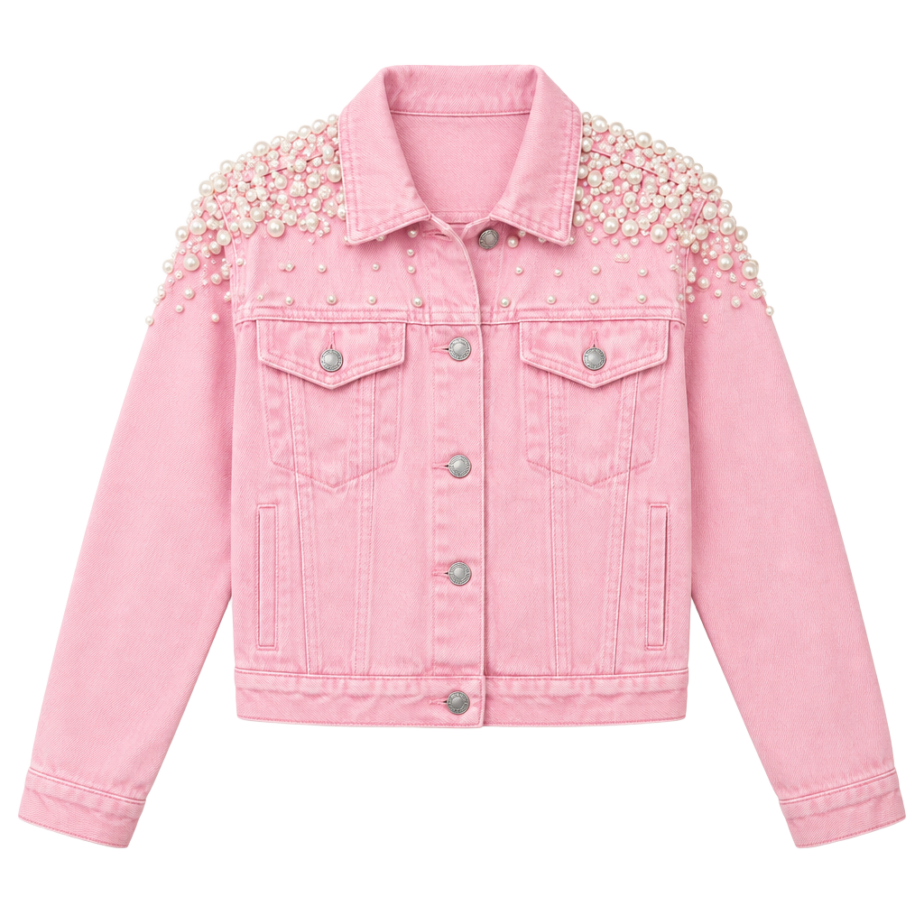 Pink Denim Jacket Rhinestone Pearls 1