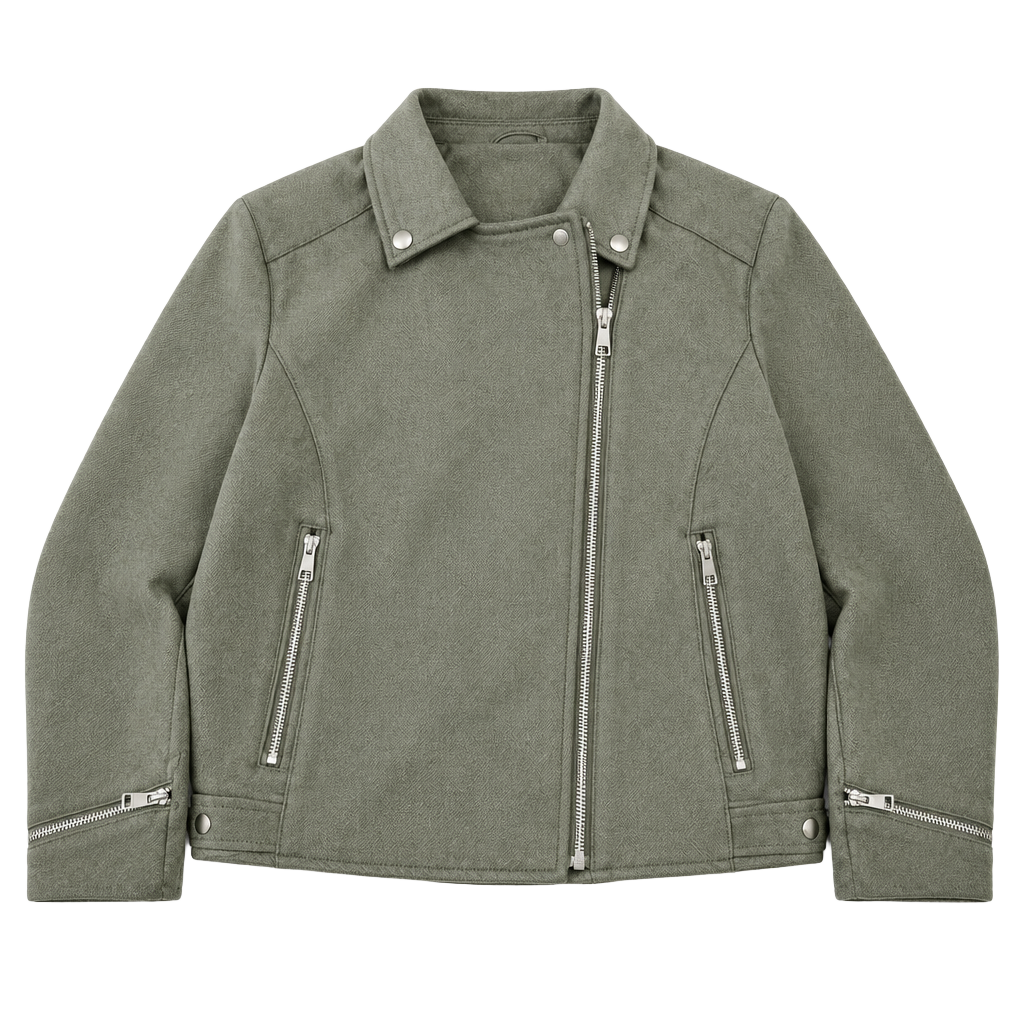 Primark Faux Suede Biker Jacket Size S Olive Green 1