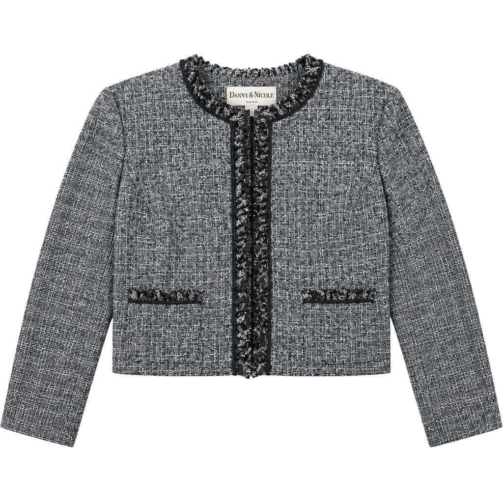 Danny & Nicole Jacket Size 14 Black White Tweed Open Front Ruffle Trim 1