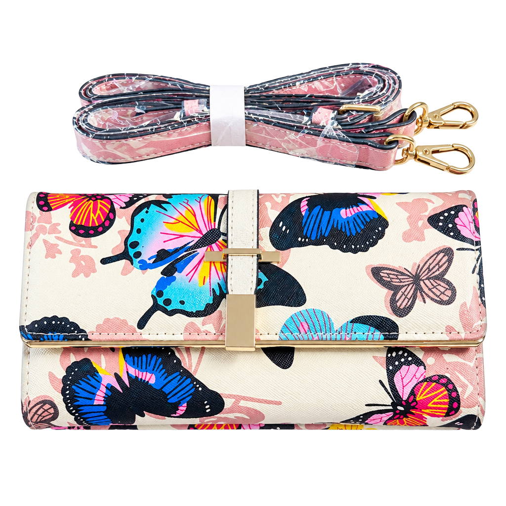 Generic Butterfly Print Clutch Wallet Crossbody Bag Cream Faux Leather 1