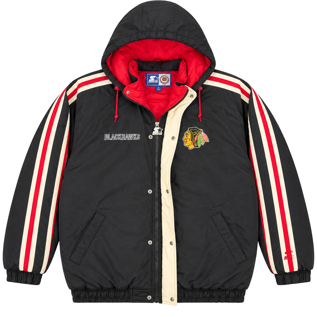 Starter Chicago Blackhawks Winter Jacket Size XL Black NHL Hockey Puffer#136 1