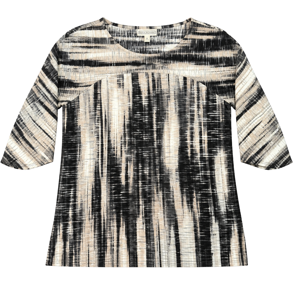 Women’s Dana Buchman Crinkled Top Size M Black Beige Abstract 3/4 Sleeve#154 1