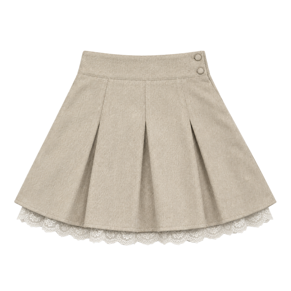 Corduroy Lace Trim Pleated Skirt Beige 1