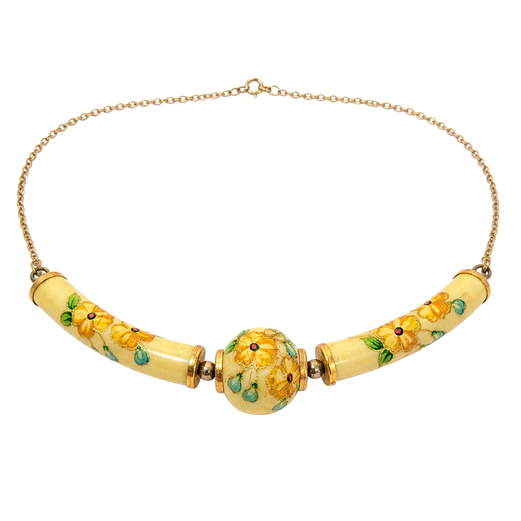 Vintage 60s/70s Floral Porcelain Bib Choker Necklace Japan Yellow Orange As Is 1