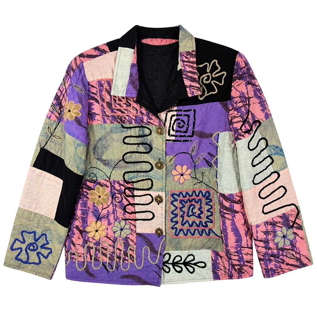 Indigo Moon Artistic Patchwork Embroidered Button-Down Jacket Size M 1