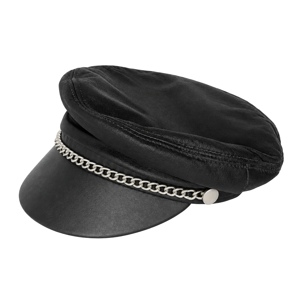 Vtg Henschel Black Leather Biker Cap Silver Chain Fiddler Greek Fisherman Hat S 1