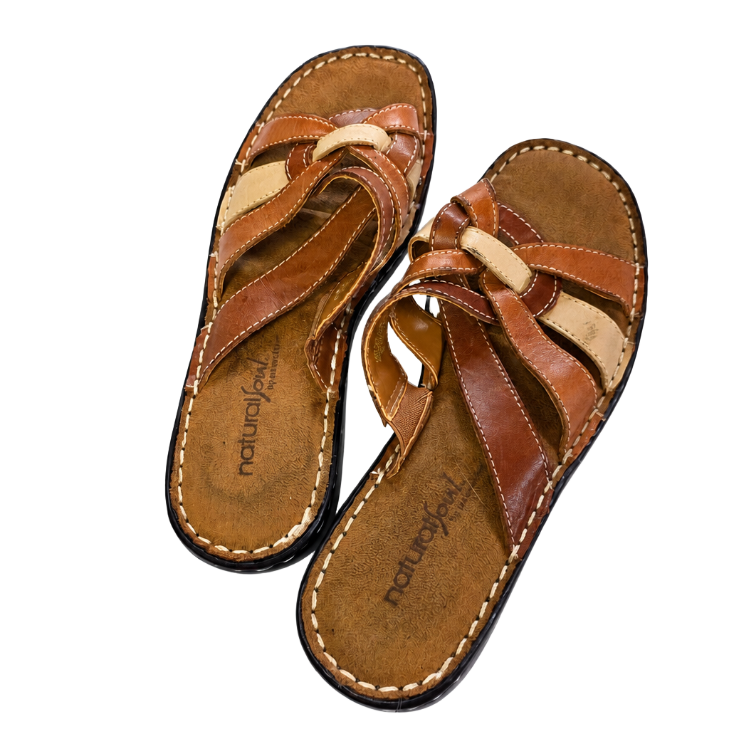 Natural Soul Sandals Brown Leather Multi Strap Slip On 1