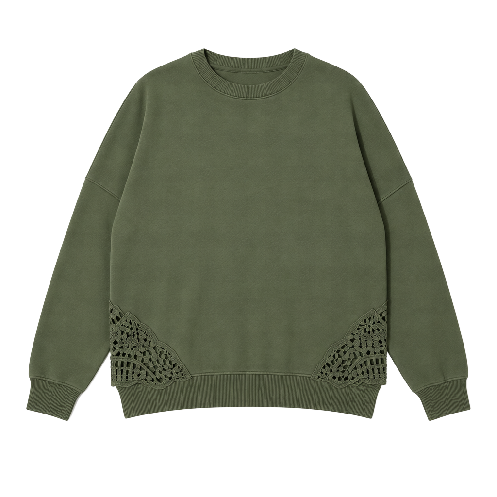 Aerie Crochet Lace Hem Sweatshirt Olive Green Oversized Pullover 1