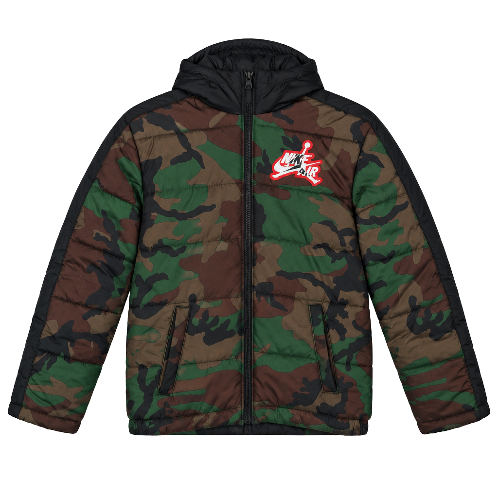 Jordan Puffer Jacket Size L 12-13 Green Camo Logo Hooded Coat 1