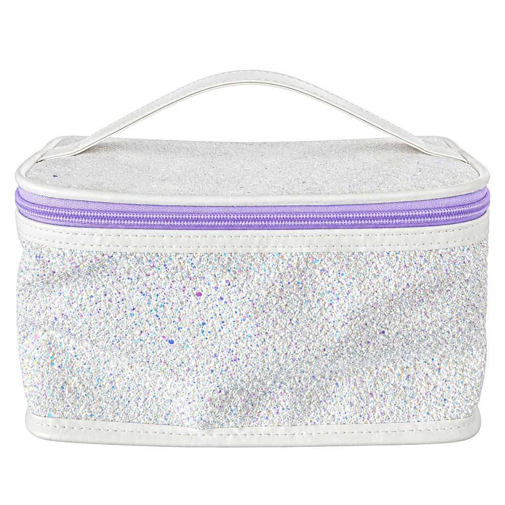 Clinique Skincare Makeup Beauty Cosmetic Train Case Bag Glitter White/Purple 1