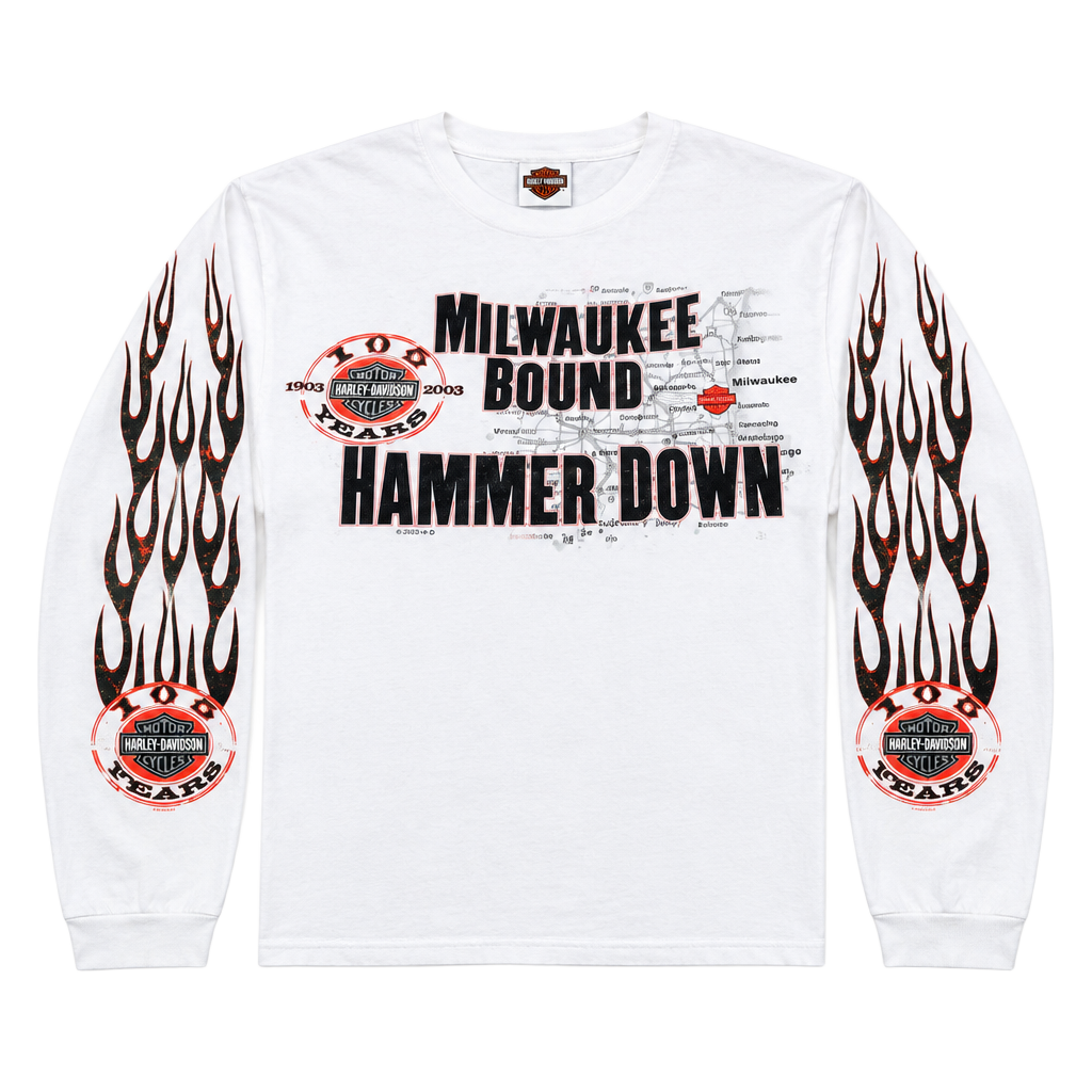 Vintage 2008 Harley-Davidson 105th Anniversary Flame Long Sleeve Shirt White 1