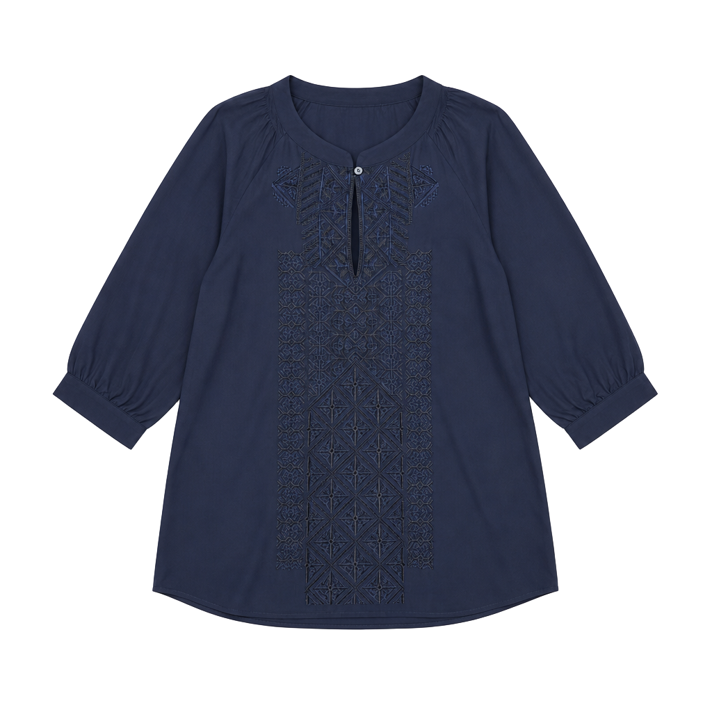 Theory Reiba 100% Silk Navy Blue Embroidered 3/4 Sleeve Tunic Blouse Medium 1