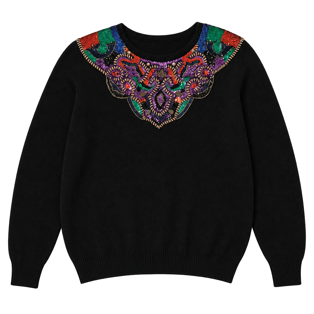 Vintage Victoria Harbour Sequin Beaded Black Knit Sweater Size M 1